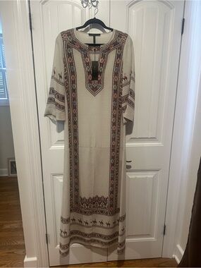 BCBGMaxAzria Cream Maxi Dress with Brown and Pink Embroidery